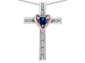 Star K 14k Rose Gold Two Tone Love Cross with Created Sapphire Heart Stone Pendant Necklace
