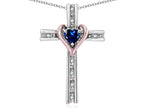 Star K 14k Rose Gold Two Tone Love Cross with Created Sapphire Heart Stone Pendant Necklace