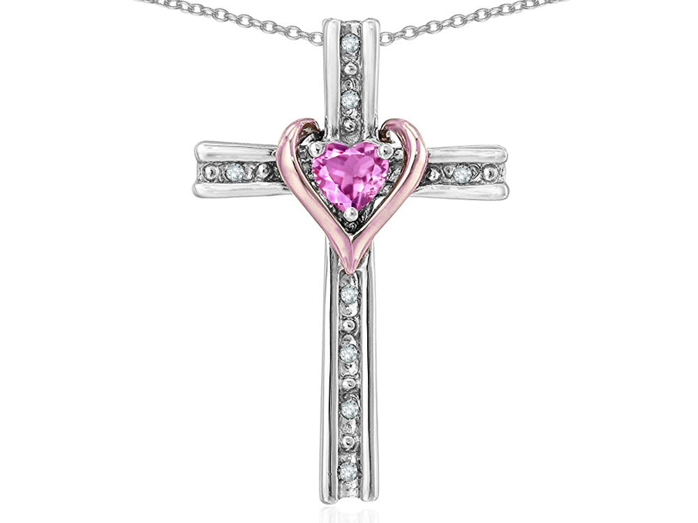 Star K 14k Rose Gold Two Tone Love Cross with Created Pink Sapphire Heart Stone Pendant Necklace