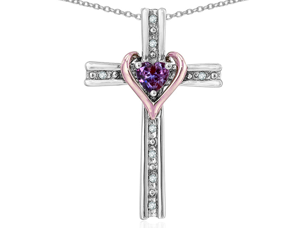 Star K 14k Rose Gold Two Tone Love Cross with Simulated Alexandrite Heart Stone Pendant Necklace