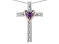 Star K 14k Rose Gold Two Tone Love Cross with Simulated Alexandrite Heart Stone Pendant Necklace