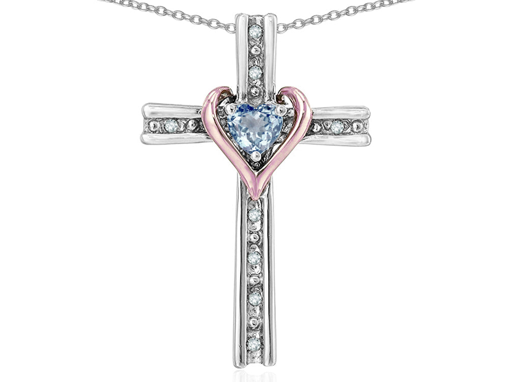 Star K 14k Rose Gold Two Tone Love Cross with Simulated Aquamarine Heart Stone Pendant Necklace