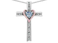 Star K 14k Rose Gold Two Tone Love Cross with Simulated Aquamarine Heart Stone Pendant Necklace