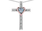 Star K 14k Rose Gold Two Tone Love Cross with Simulated Aquamarine Heart Stone Pendant Necklace