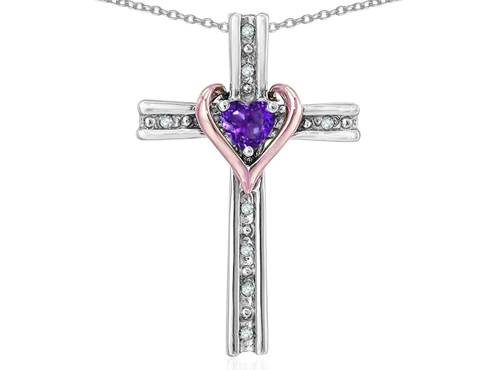 Star K 10k Rose Gold Two Tone Love Cross with Genuine Amethyst Heart Stone Pendant Necklace