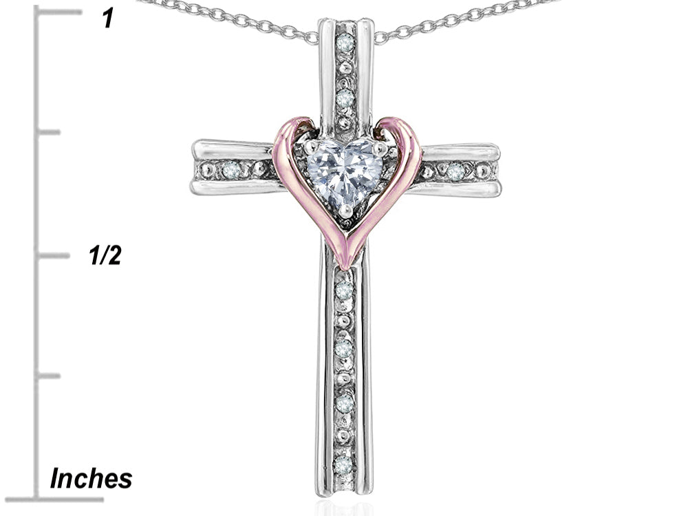 Star K 10k Rose Gold Two Tone Love Cross with Genuine Sky Blue Topaz Heart Stone Pendant Necklace