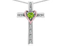 Star K 10k Rose Gold Two Tone Love Cross with Genuine Peridot Heart Stone Pendant Necklace