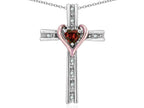 Star K 10k Rose Gold Two Tone Love Cross with Genuine Garnet Heart Stone Pendant Necklace