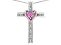 Star K 10k Rose Gold Two Tone Love Cross with Created Pink Sapphire Heart Stone Pendant Necklace