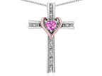 Star K 10k Rose Gold Two Tone Love Cross with Created Pink Sapphire Heart Stone Pendant Necklace