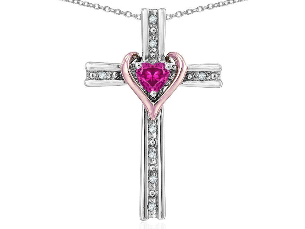 Star K 10k Rose Gold Two Tone Love Cross with Simulated Pink Tourmaline Heart Stone Pendant Necklace