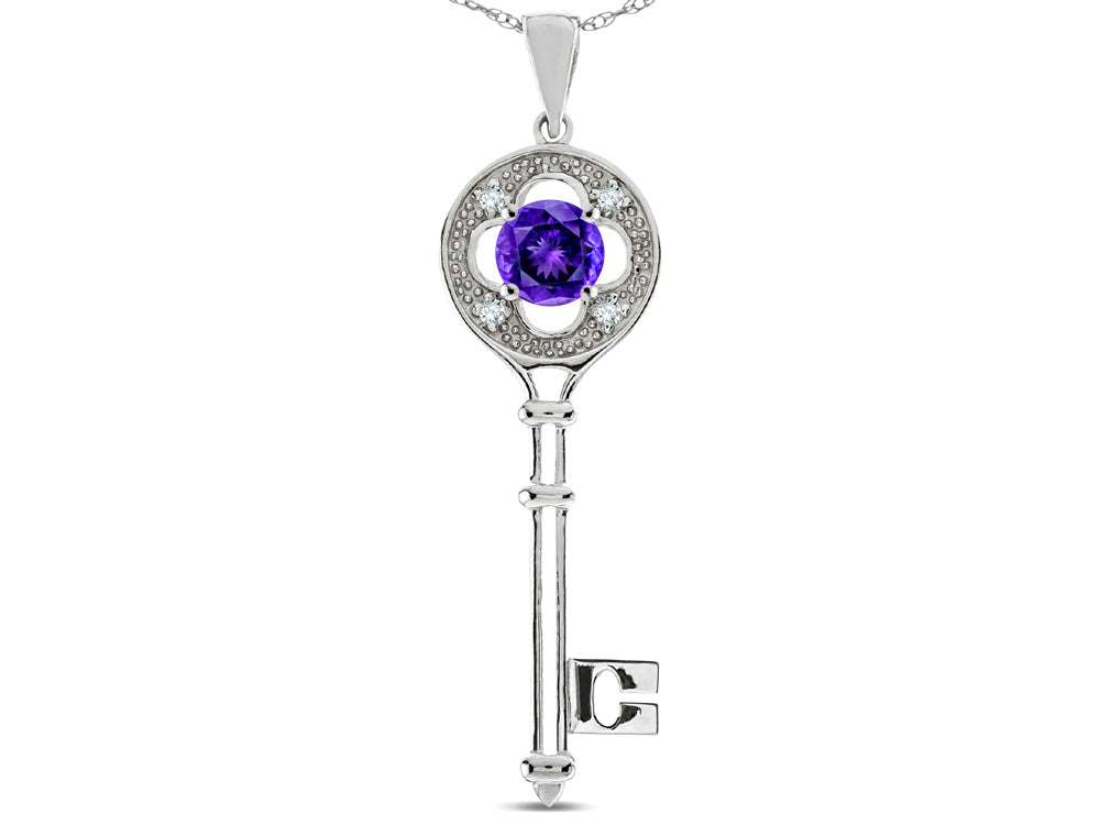 Star K  Key to my Heart Clover Key Pendant Necklace with Round Genuine Amethyst