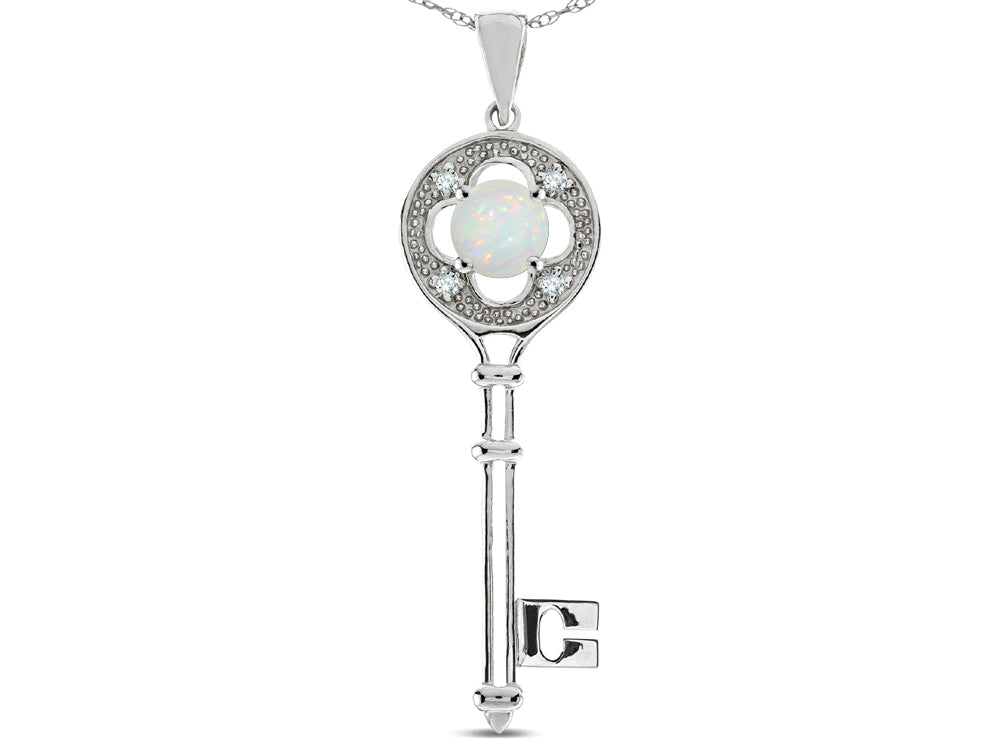 Star K  Key to my Heart Clover Key Pendant Necklace with Round Genuine Opal