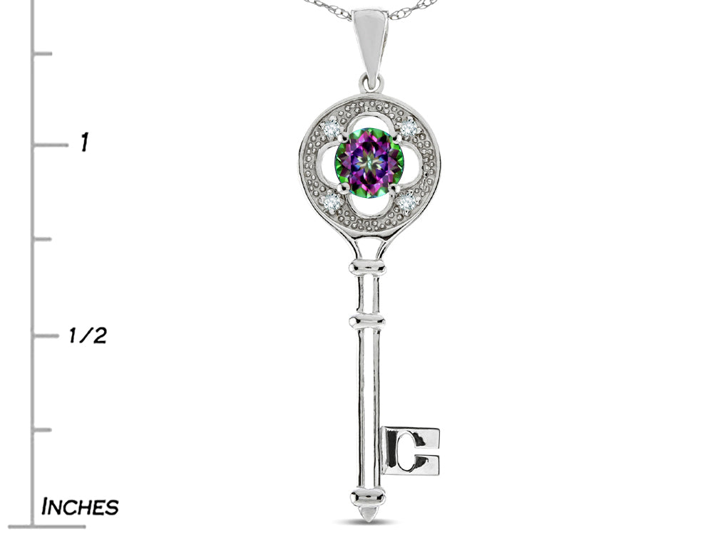 Star K  Key to my Heart Clover Key Pendant Necklace with Round Rainbow Mystic Topaz