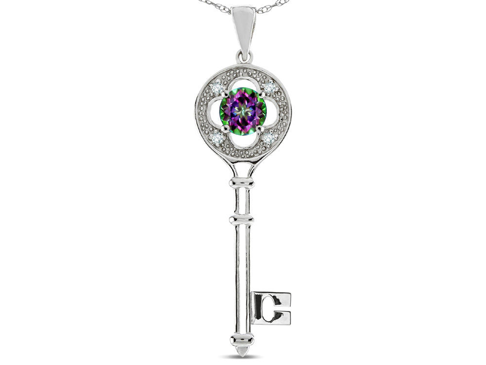 Star K  Key to my Heart Clover Key Pendant Necklace with Round Rainbow Mystic Topaz
