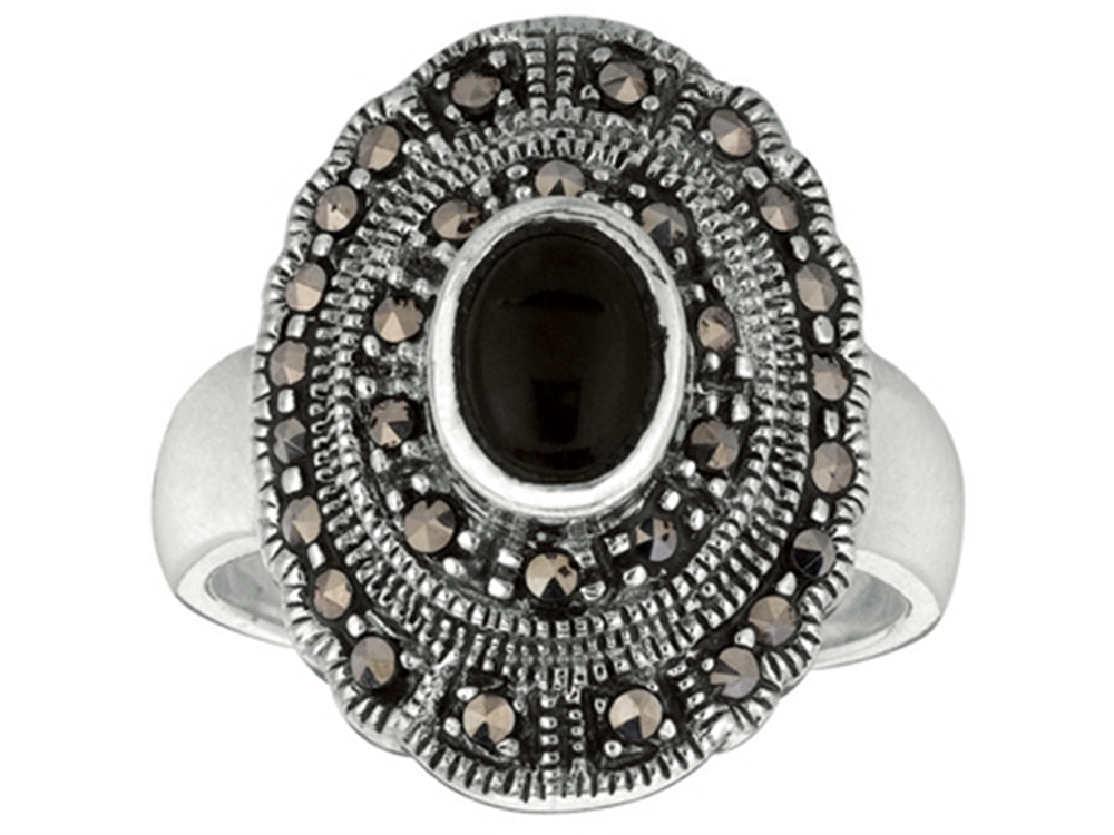 Finejewelers Sterling Silver Marcasite Oval Ring with Onyx Center