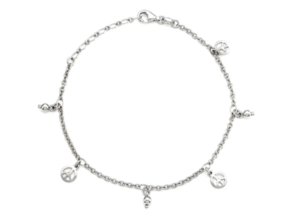 Finejewelers Sterling Silver 10 Inches 3 Peace Signs Adjustable Ankle Bracelet