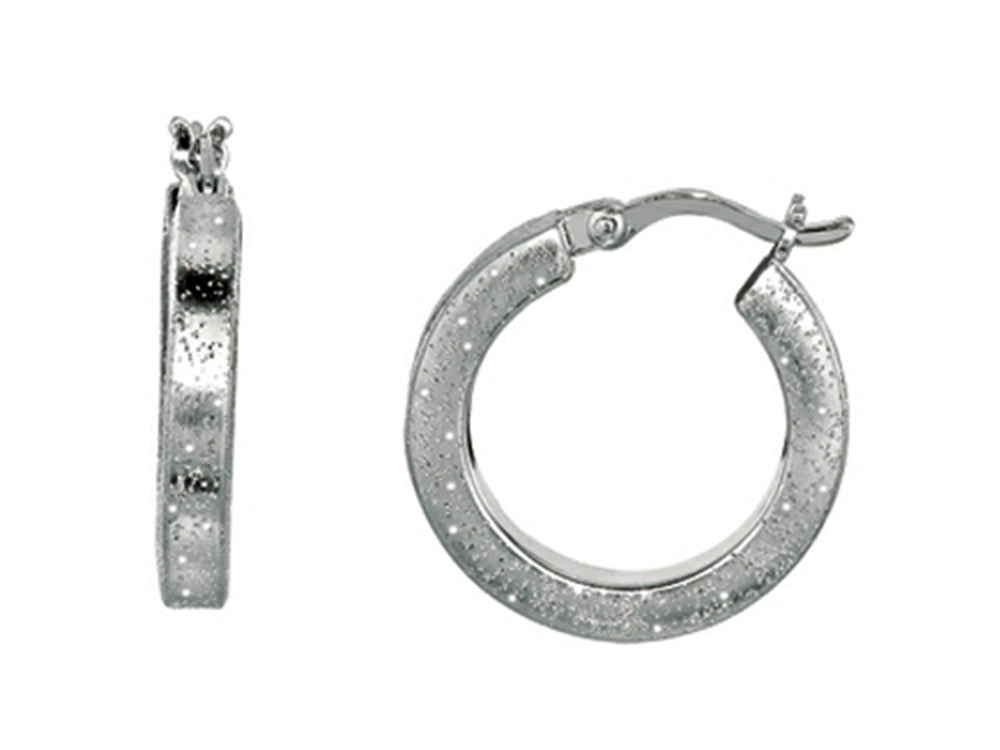 Finejewelers Rhodium Plated Textured Stardust Bright Cut Roud Hoop Earrings