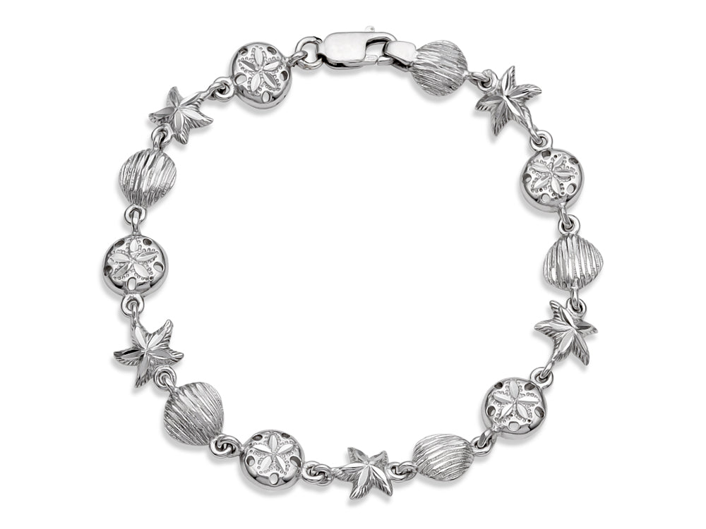 Finejewelers 925 Sterling Silver 7.25 Inch Starfish, Shell, and Flat Round Link Sea Life Bracelet Lobster