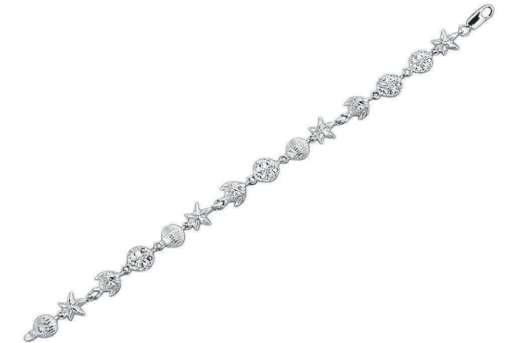 Finejewelers 925 Sterling Silver  7.25 Inch Starfish, Shell Flat Round Link Sea Life Bracelet Lobster