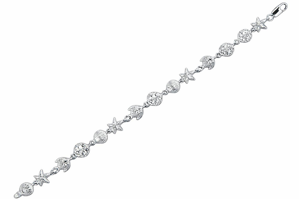 Finejewelers 925 Sterling Silver  7.25 Inch Starfish, Shell Flat Round Link Sea Life Bracelet Lobster