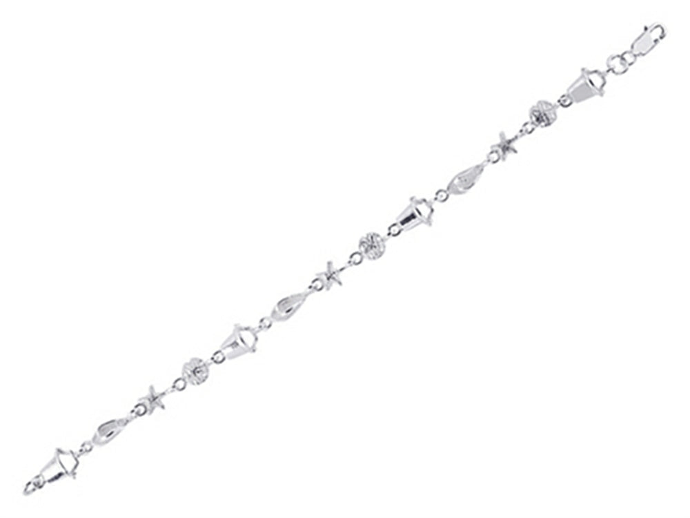 Finejewelers 925 Sterling Silver bright-cut 7.25 Inch Starfish, Bucket Shell, and Slipper Link Sea Life Bracelet Lo