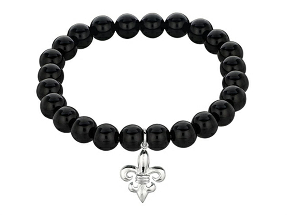 Phillip Gavriel 925 Sterling Silver 7.5 Inch Black Onyx Stretch Bead Bracelet with Fleur De Lis Charm