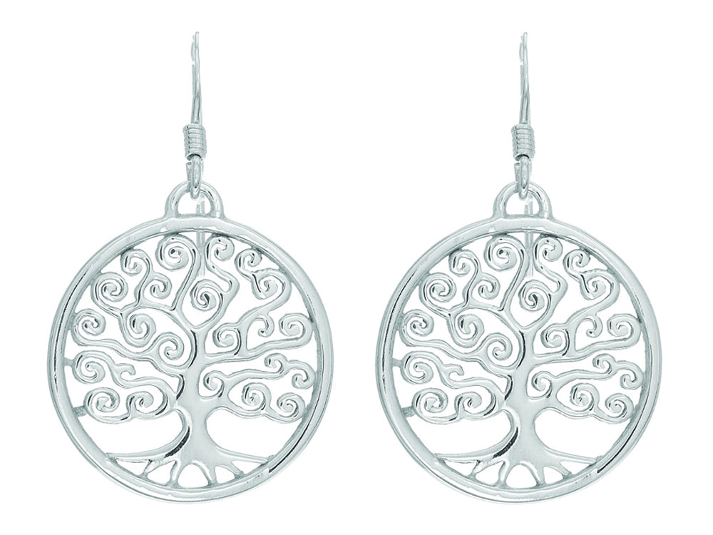 Finejewelers Silver with Rhodium Finish Shiny Round Swirl Tree Of Life Drop Earrings