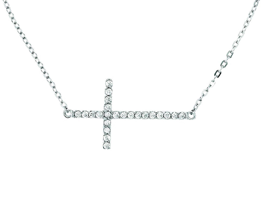 Finejewelers Silver with Rhodium Finish Cable Chain Sideways Cross Necklace with Cubic Zirconia