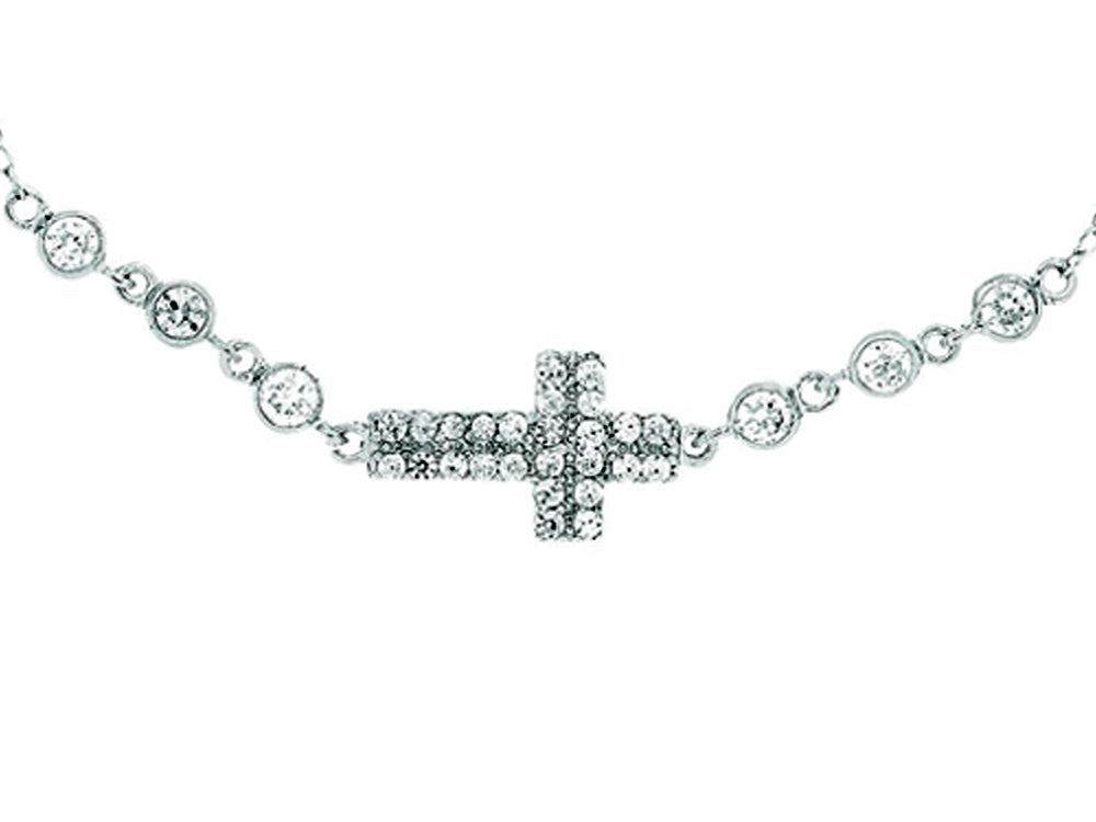 Finejewelers Silver with Rhodium Finish Cable Chain Sideways Cross Necklace with Cubic Zirconia