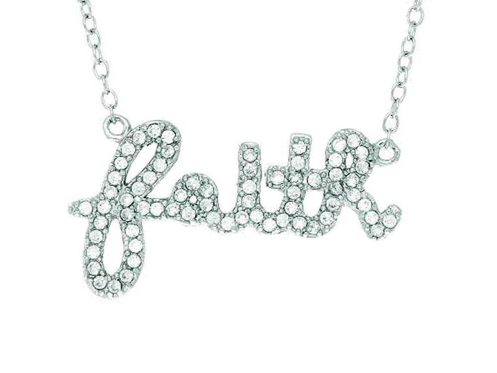 Finejewelers Silver Rhodium Finish Shiny Cable Chain Faith Pendant Necklace White Cubic Zirconia