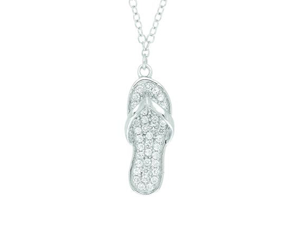 Finejewelers Silver Rhodium Finish Shiny Cable Chain Flip Flop Pendant Necklace White Cubic Zirconia