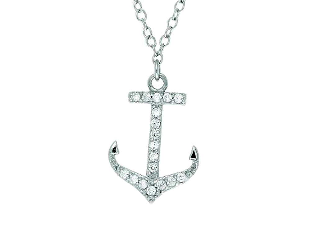 Finejewelers Silver Rhodium Finish Shiny Cable Chain Small Anchor Pendant Necklace White Cubic Zirconia