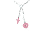 Finejewelers Silver Rhodium Shiny Cable Link Necklace Small Puffed Rose Heart and Cross Dangle Charm