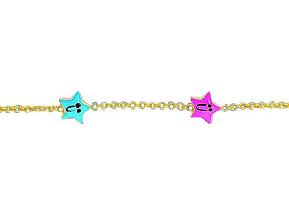 Finejewelers 14k Yellow Gold Cable Link Chain 3 Station Happy Face Star Adjustable 5.5 inch Bracelet
