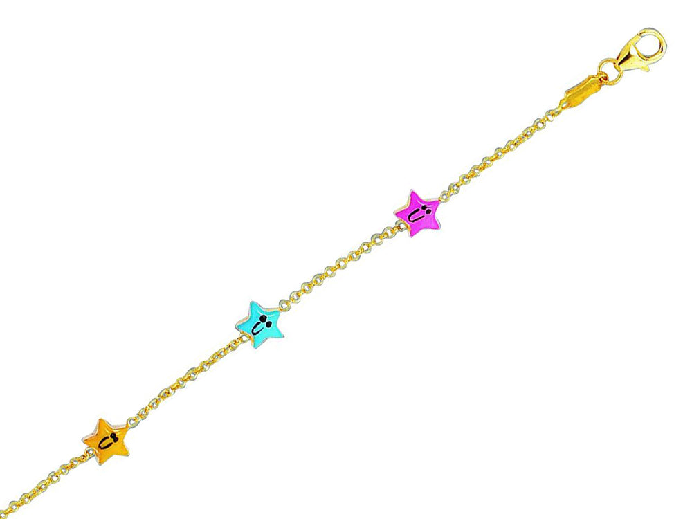 Finejewelers 14k Yellow Gold Cable Link Chain 3 Station Happy Face Star Adjustable 5.5 inch Bracelet