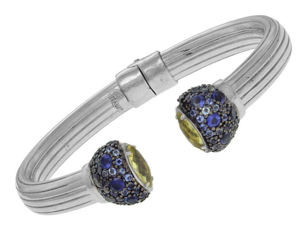 Finejewelers Sterling Silver Scored Line Cuff Bracelet with Peridot Caps Surrounded by Iolite
