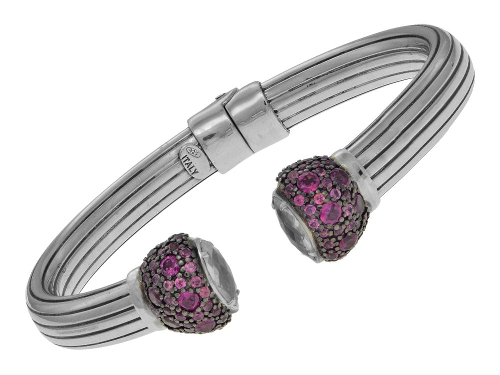 Finejewelers Sterling Silver Scored Line Cuff Bracelet with Rhodolite Stones