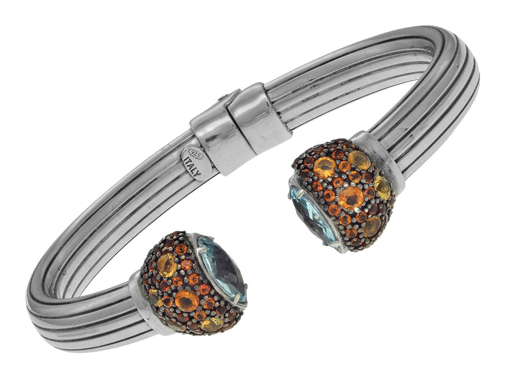 Finejewelers Sterling Silver Scored Line Cuff Bracelet with Blue Topaz Caps Surrounded by Citrine