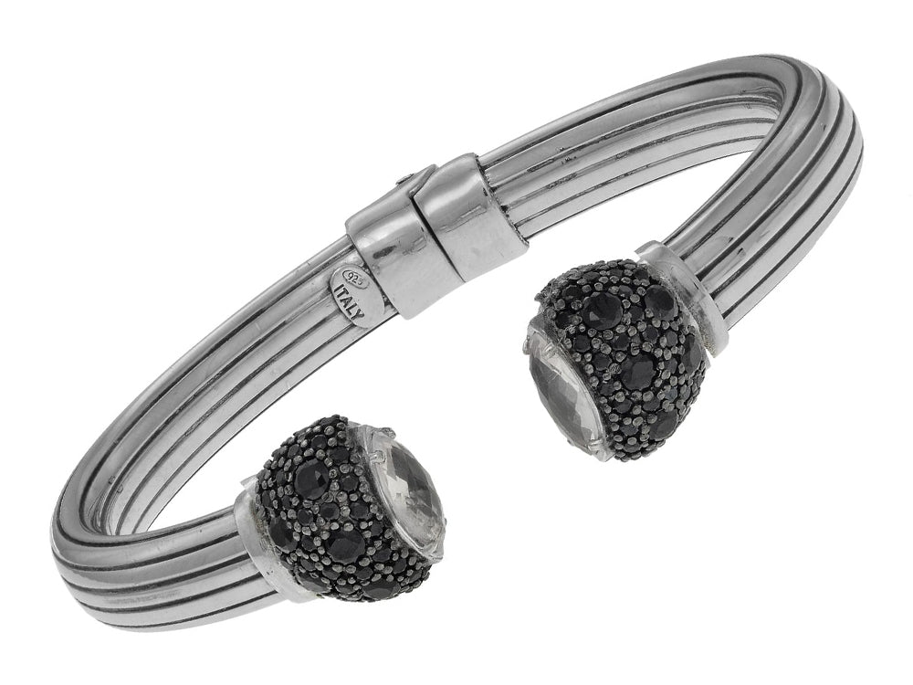 Finejewelers Sterling Silver Scored Line Cuff Bracelet with Rock Crystal Caps Surrounded by Black Spinel