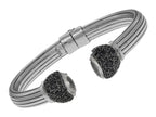 Finejewelers Sterling Silver Scored Line Cuff Bracelet with Rock Crystal Caps Surrounded by Black Spinel