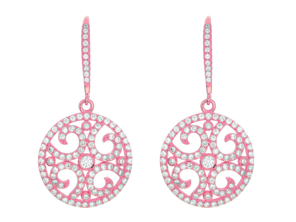 Finejewelers Silver Rose Finish Shiny Fancy Circle with Swirl Pattern Drop Earrings Studded with CZ's