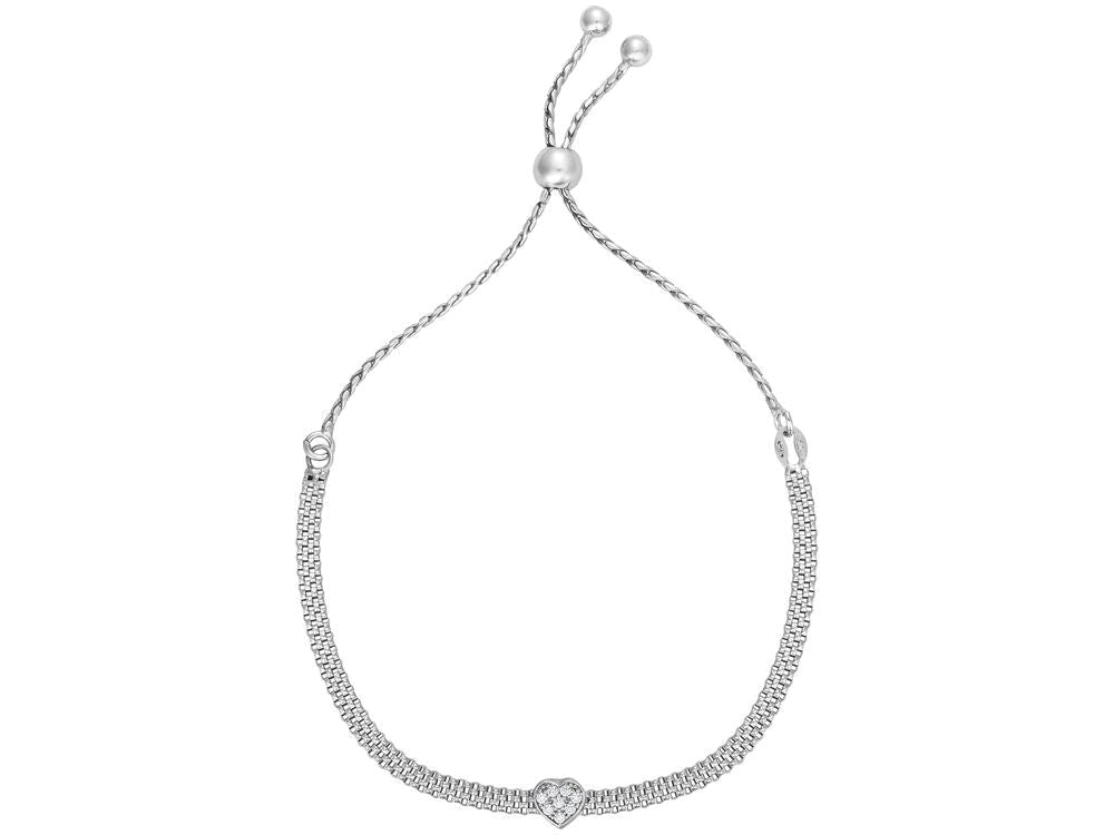 Finejewelers Rhodium Finish Sterling Silver 9.25 Inch Friendship Adjustable Bracelet Heart and Draw String Clasp