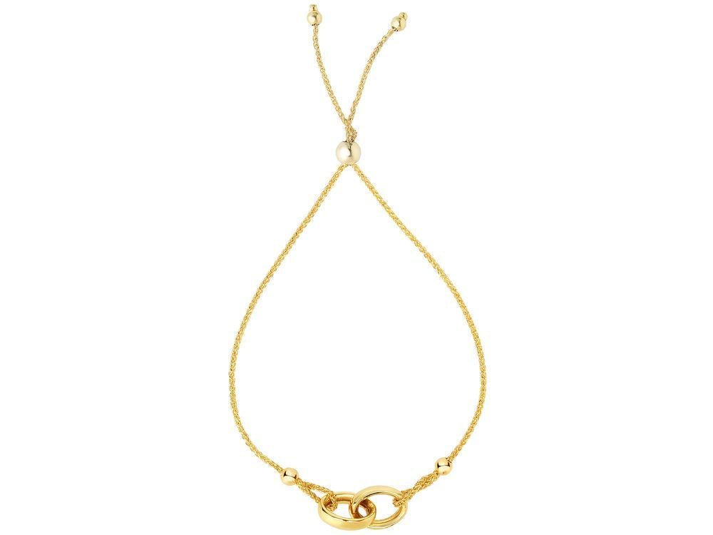 Finejewelers 14k Yellow Gold 9.25 Inch Interlocked Double Ring Wheat Friendship Adjustable Bracelet Draw String Clasp
