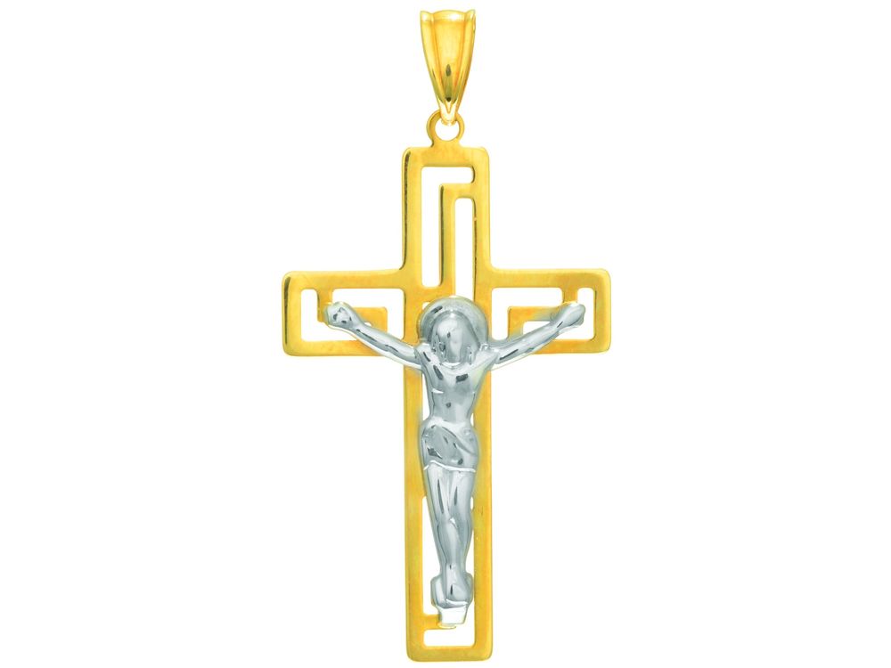 Finejewelers 14k Gold Yw Pol/tex. Flat Cross W/figurine
