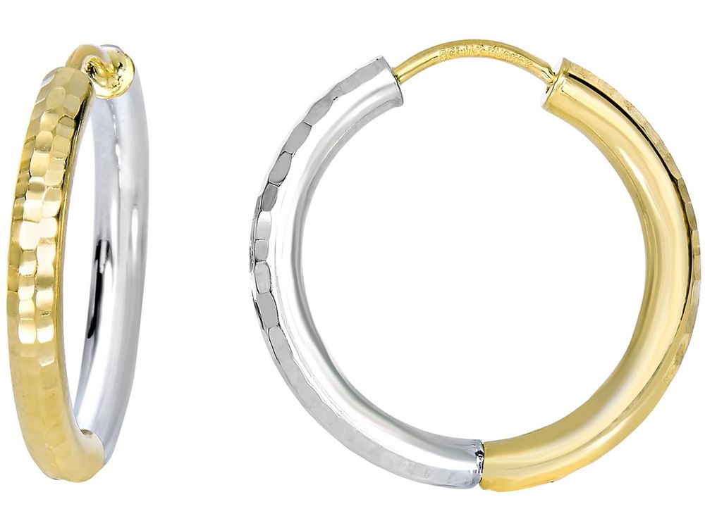Finejewelers 14 Kt Two Tone Gold 2.5x15mm Bright Cut Half Half Hoop Earring