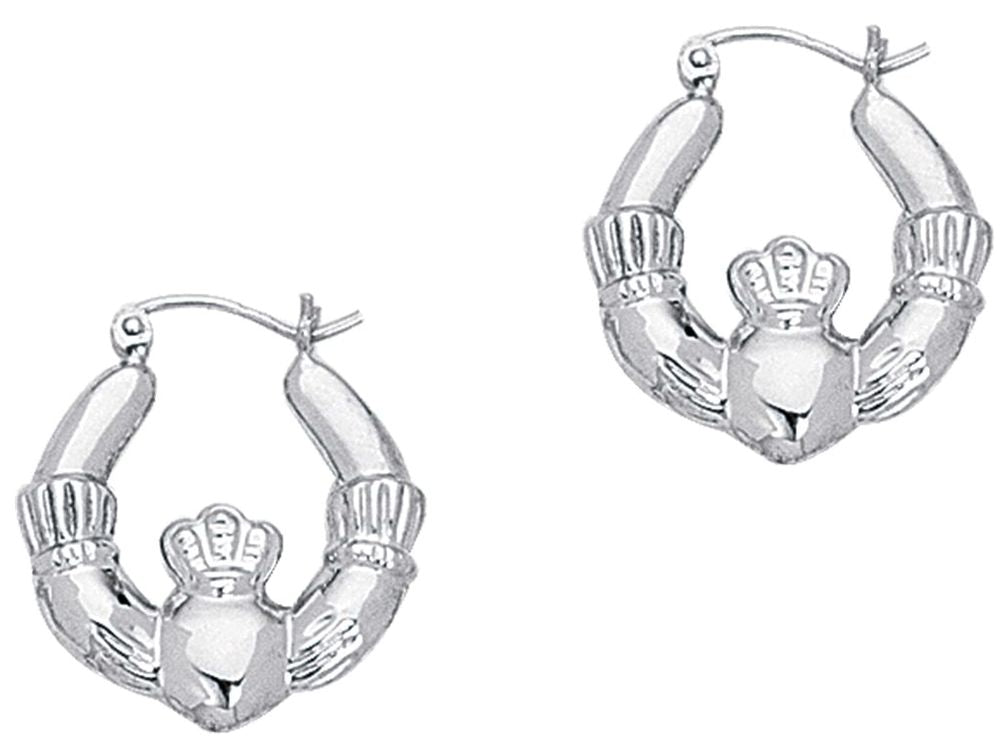 Finejewelers 14 Kt White Gold Claddagh Symbolic Hoop Earring