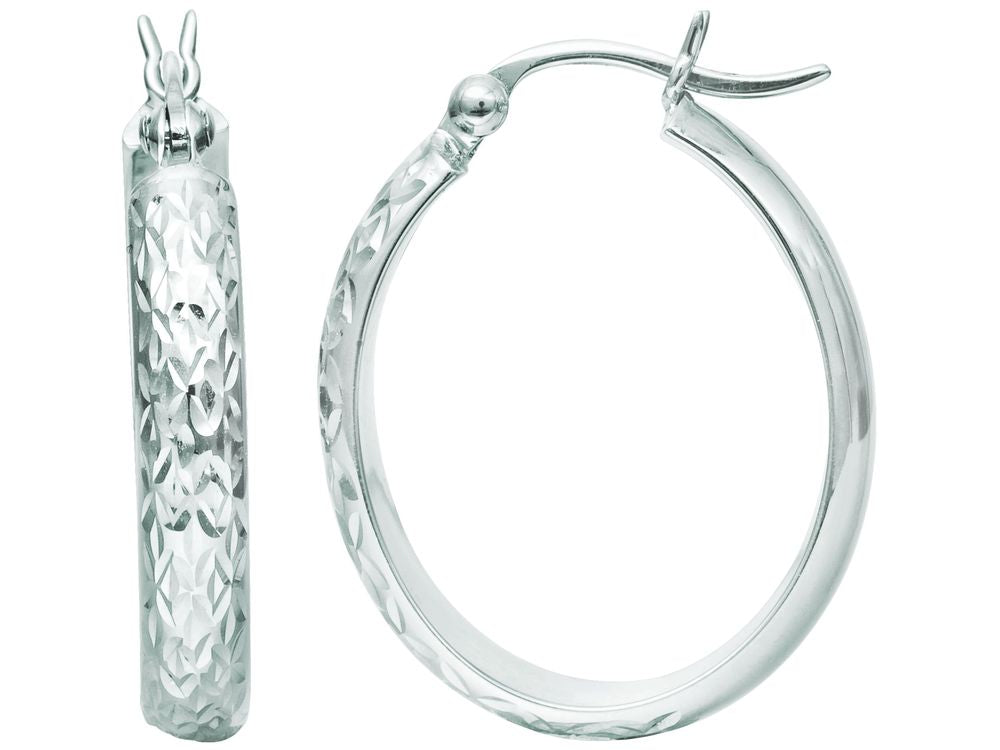Finejewelers 14 Kt White Gold Textured Fashion Sparkle Oval Shape Hoop Earring