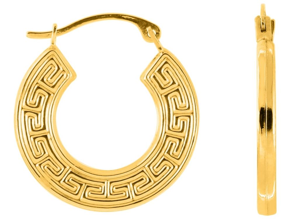 Finejewelers 10 Kt Yellow Gold 10k Textured Greek Key Pattern Round Hoop Earrings With Hinged Clasp
