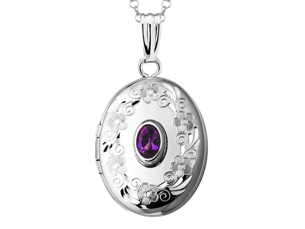 FJC Finejewelers Sterling Silver Oval Locket Pendant Necklace with Genuine Amethyst February Birthstone